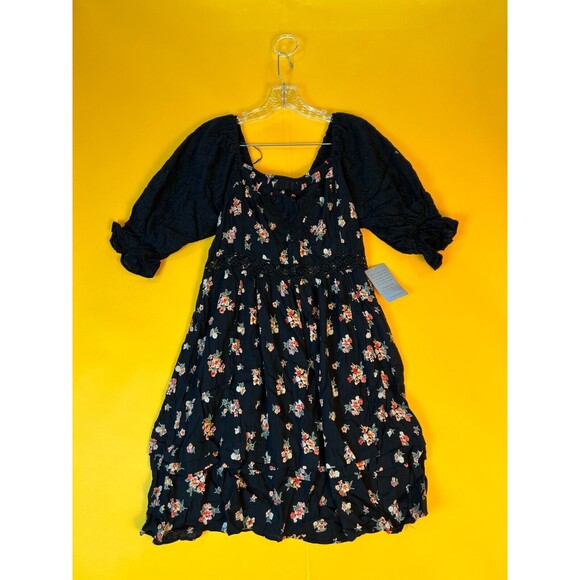 Angie Floral Lace Inset Mini Dress Black Womens M Puff Short Sleeve Casual NWT - Picture 1 of 6